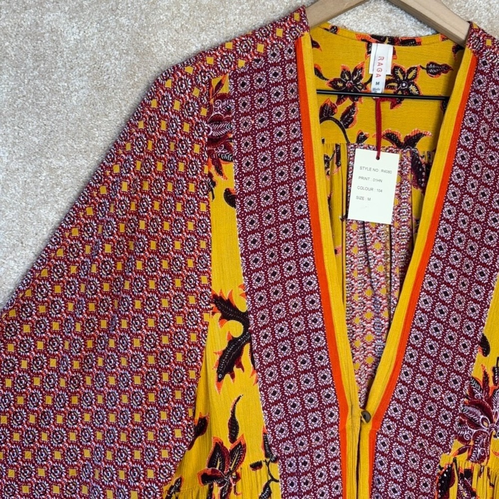 NWT RAGA Boho Duster Kimono Long Maxi Mix Print Gypsy Hippie‎ Festival